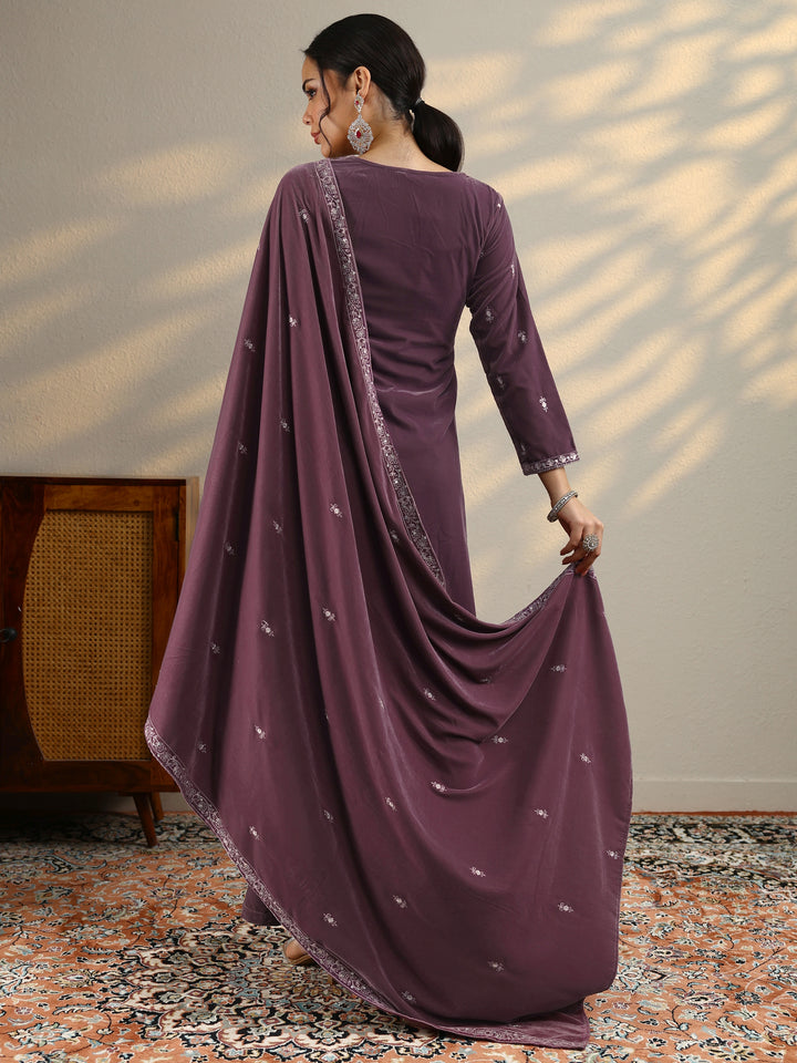 Mauve Embroidered Velvet A-Line Suit Set With Dupatta