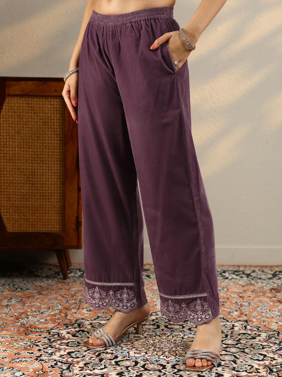 Mauve Embroidered Velvet A-Line Suit Set With Dupatta