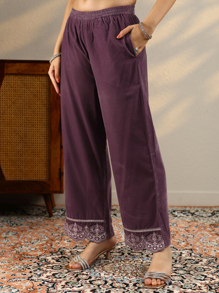Mauve Embroidered Velvet A-Line Suit Set With Dupatta