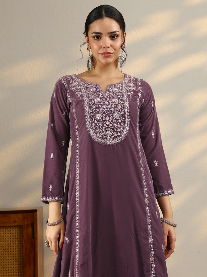 Mauve Embroidered Velvet A-Line Suit Set With Dupatta