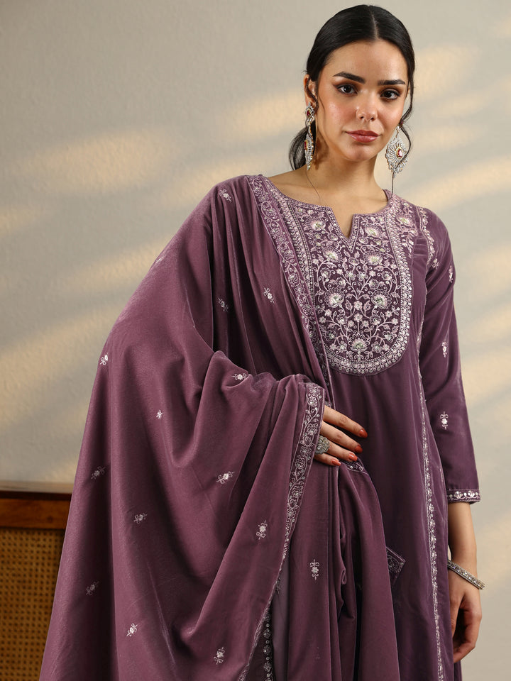 Mauve Embroidered Velvet A-Line Suit Set With Dupatta