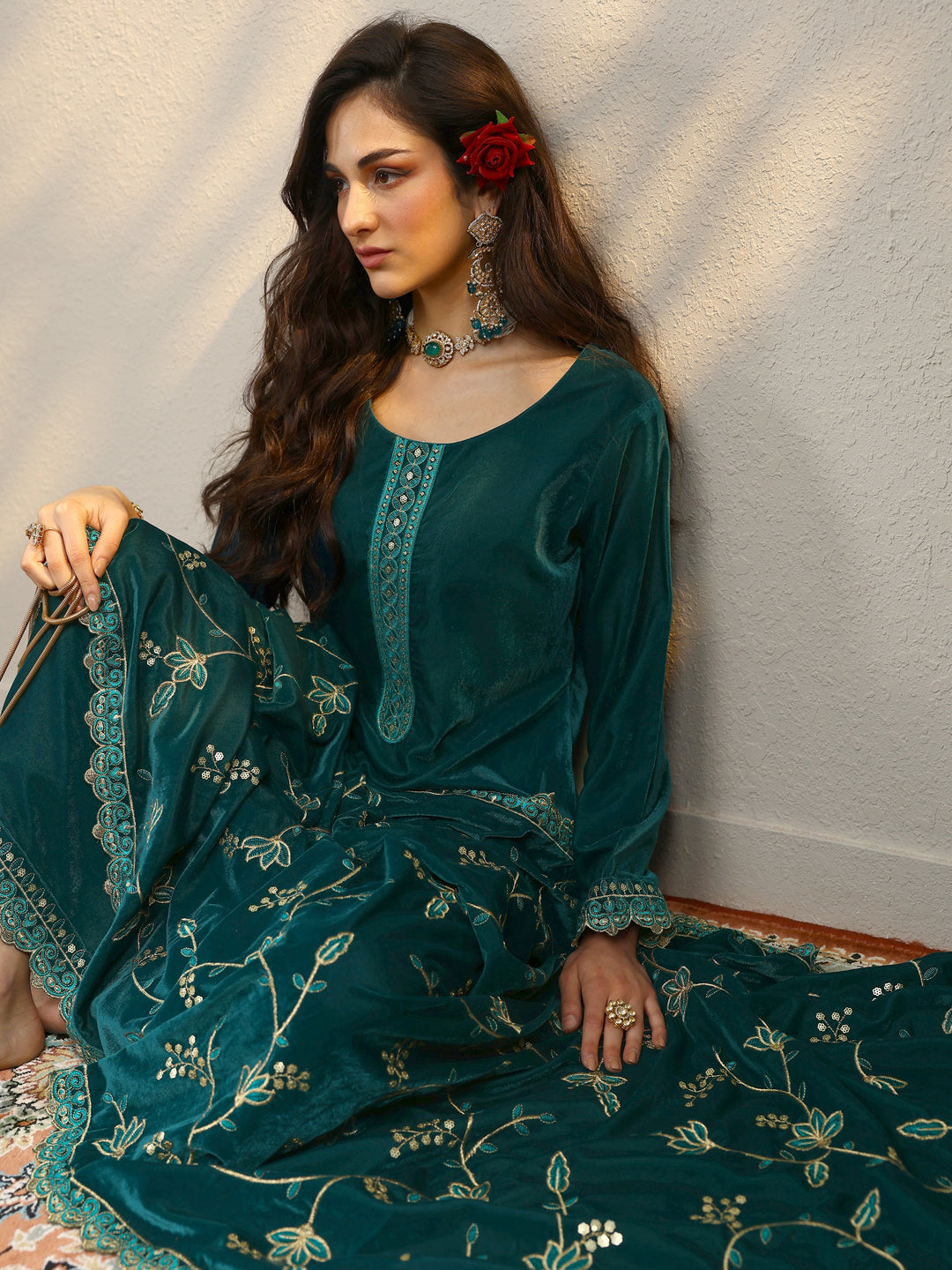 Teal Embroidered Velvet Straight Suit Set With Dupatta