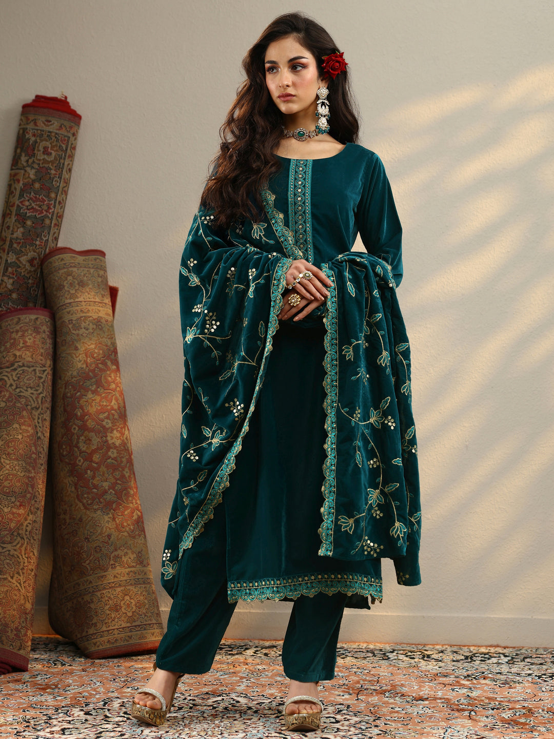 Teal Embroidered Velvet Straight Suit Set With Dupatta