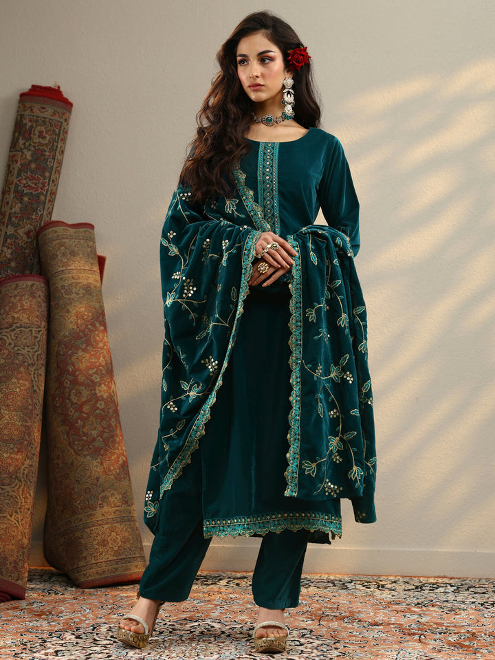 Teal Embroidered Velvet Straight Suit Set With Dupatta