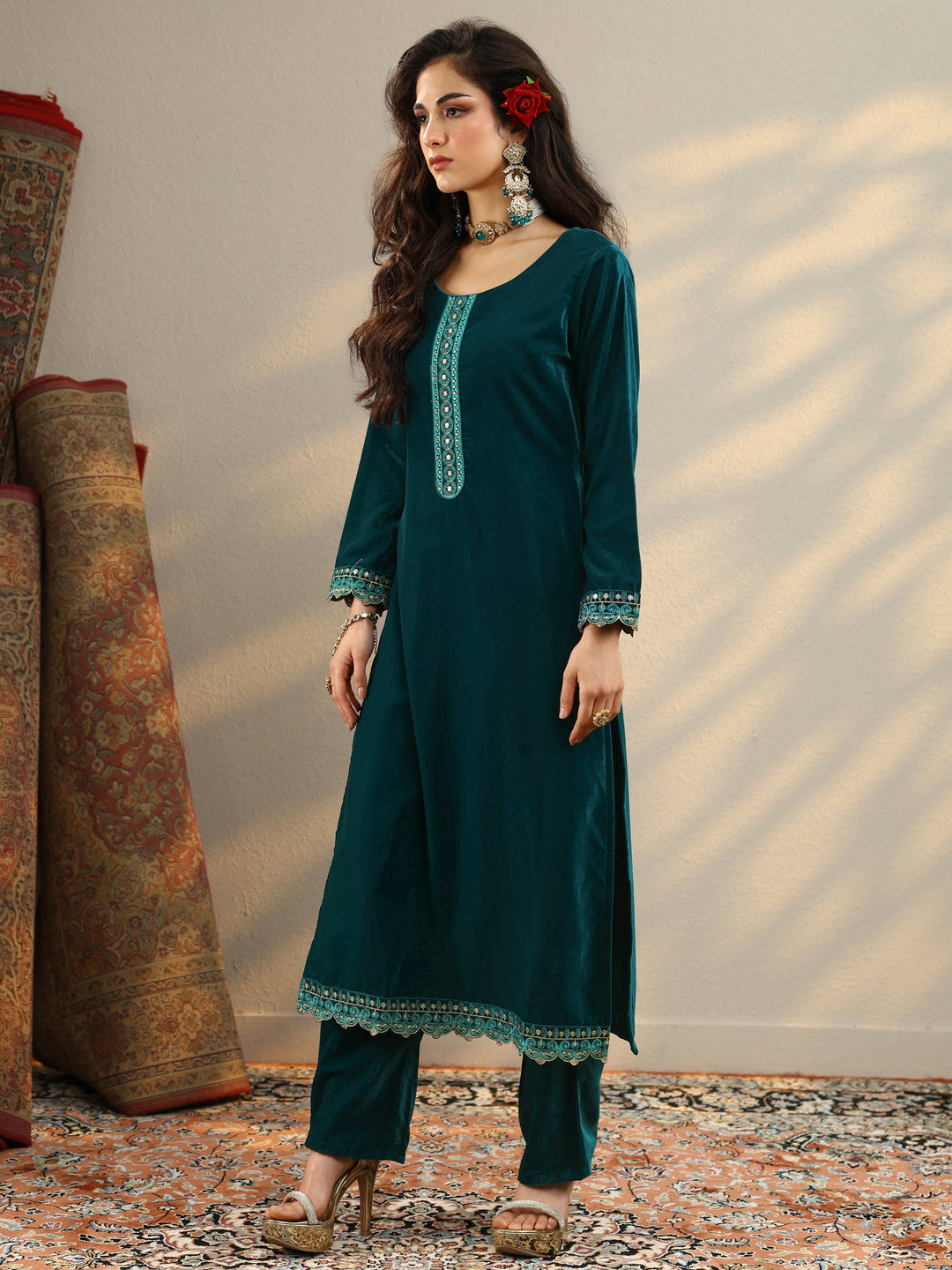 Teal Embroidered Velvet Straight Suit Set With Dupatta