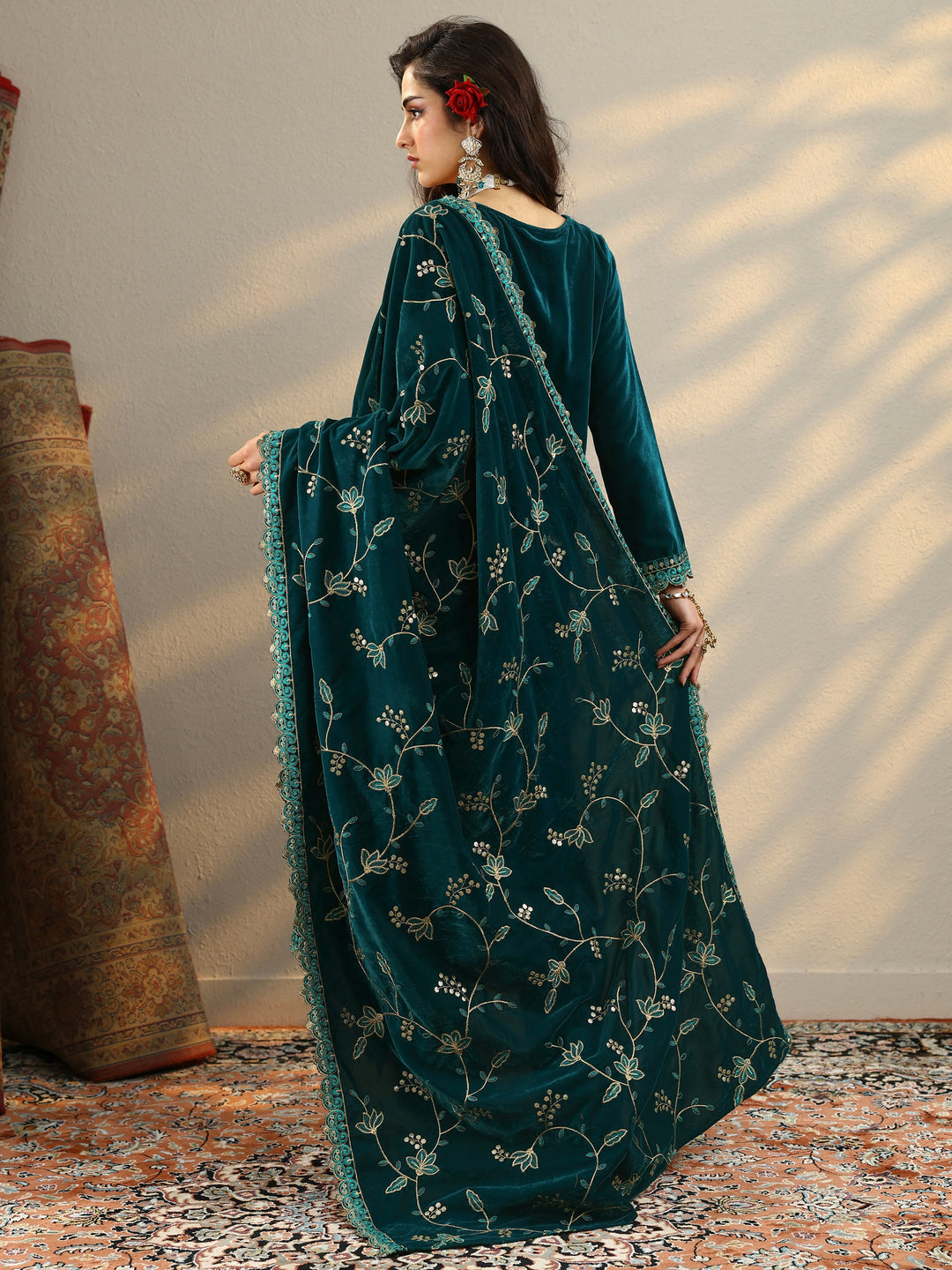 Teal Embroidered Velvet Straight Suit Set With Dupatta