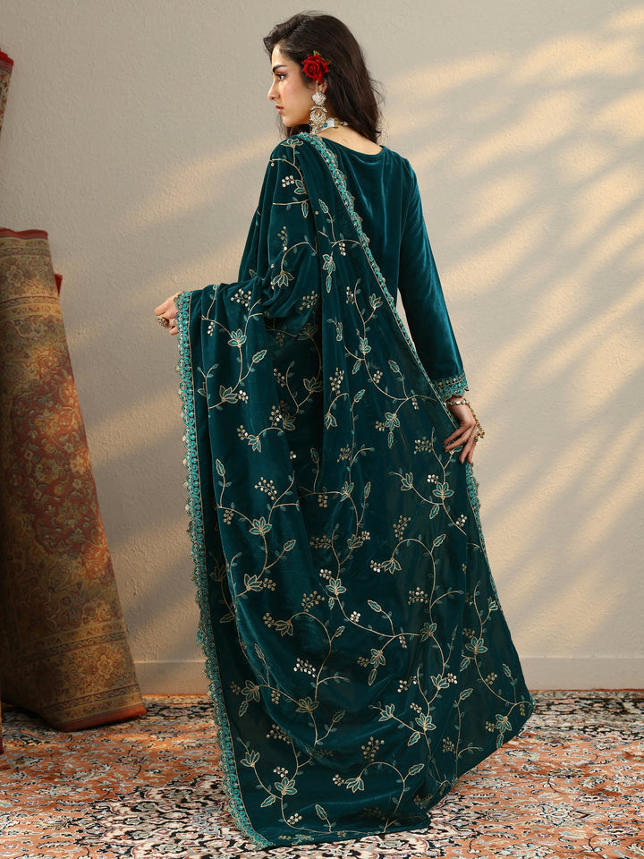 Teal Embroidered Velvet Straight Suit Set With Dupatta
