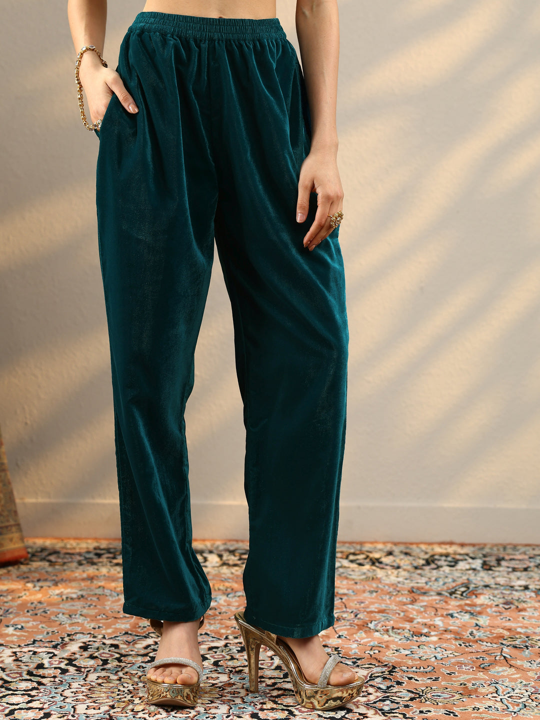 Teal Embroidered Velvet Straight Suit Set With Dupatta