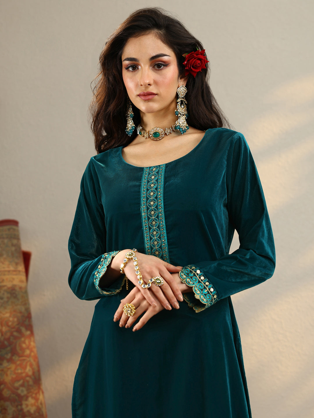Teal Embroidered Velvet Straight Suit Set With Dupatta