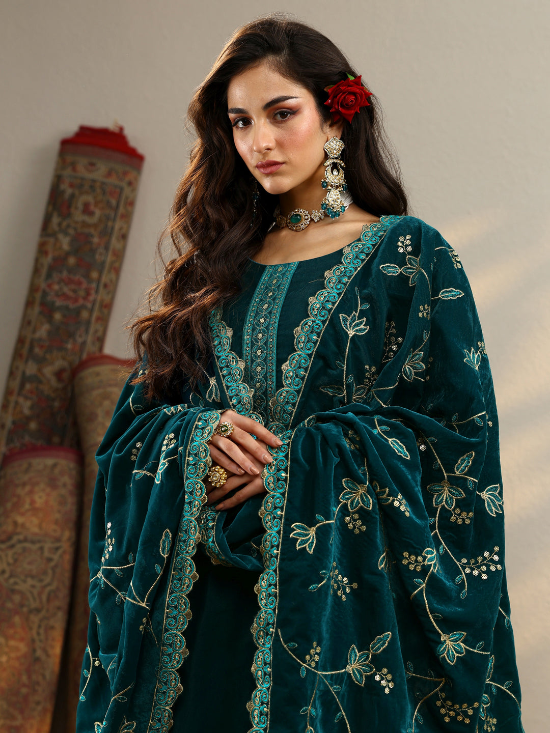 Teal Embroidered Velvet Straight Suit Set With Dupatta