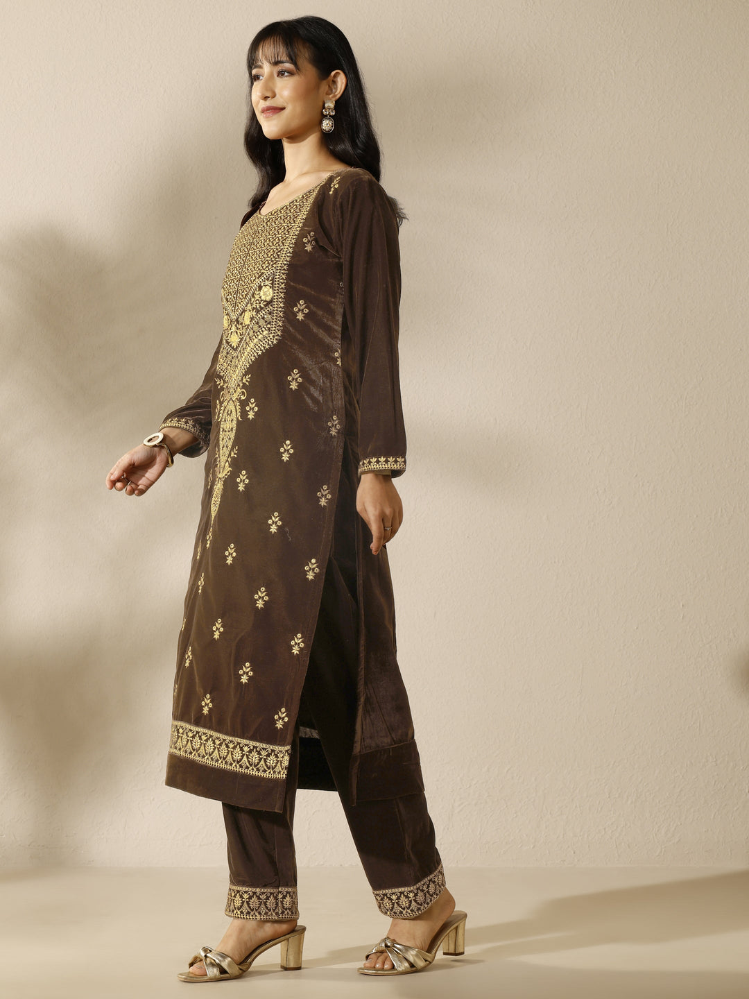 Brown Embroidered Velvet Straight Suit Set With Dupatta