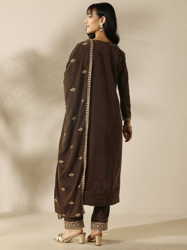 Brown Embroidered Velvet Straight Suit Set With Dupatta