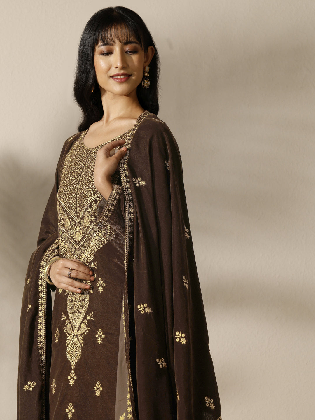 Brown Embroidered Velvet Straight Suit Set With Dupatta