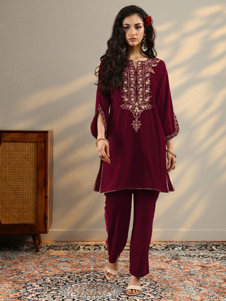 Maroon Woven Design Velvet Co-Ord Sets