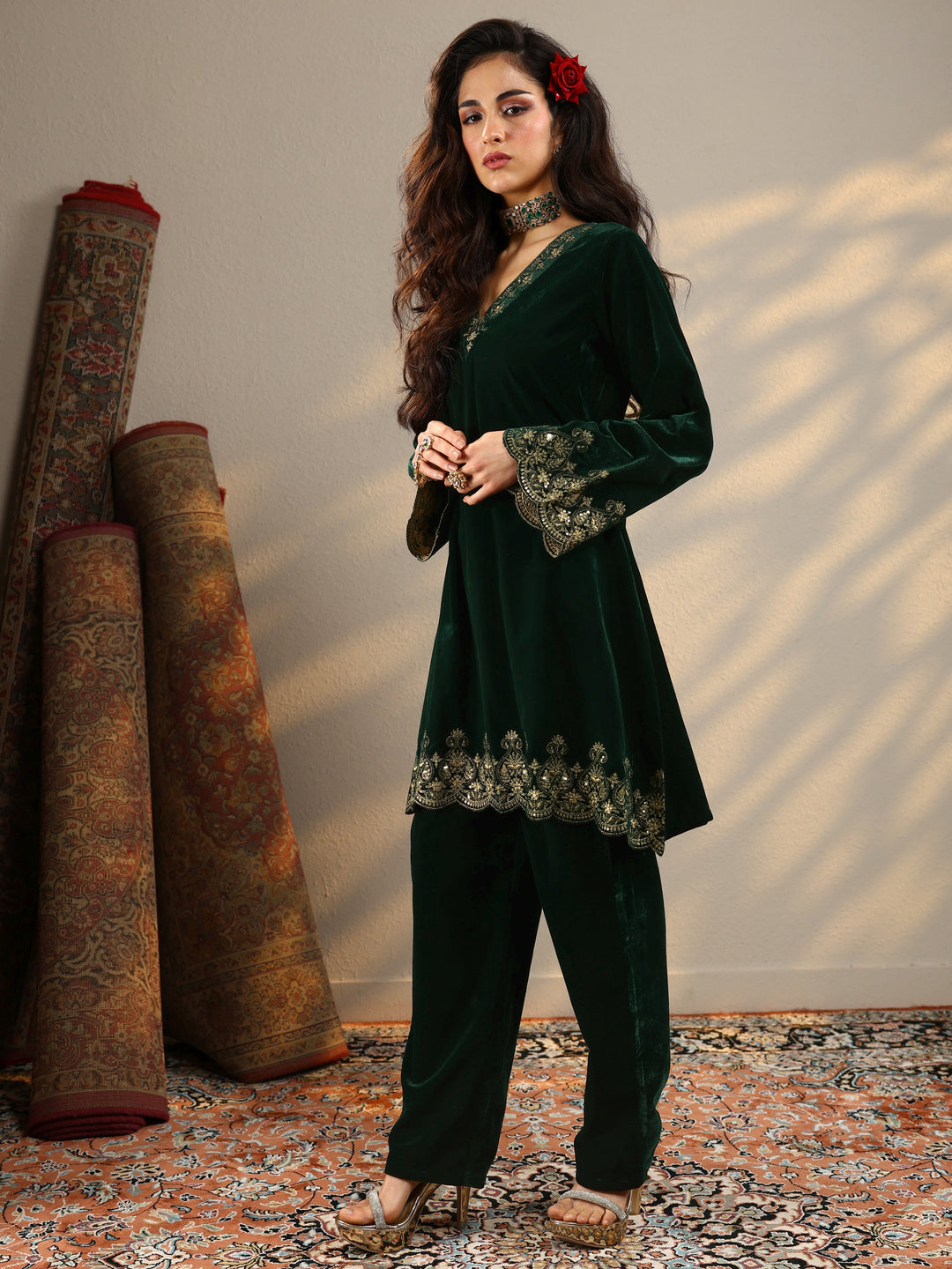 Green Embroidered Velvet Co-Ord Sets