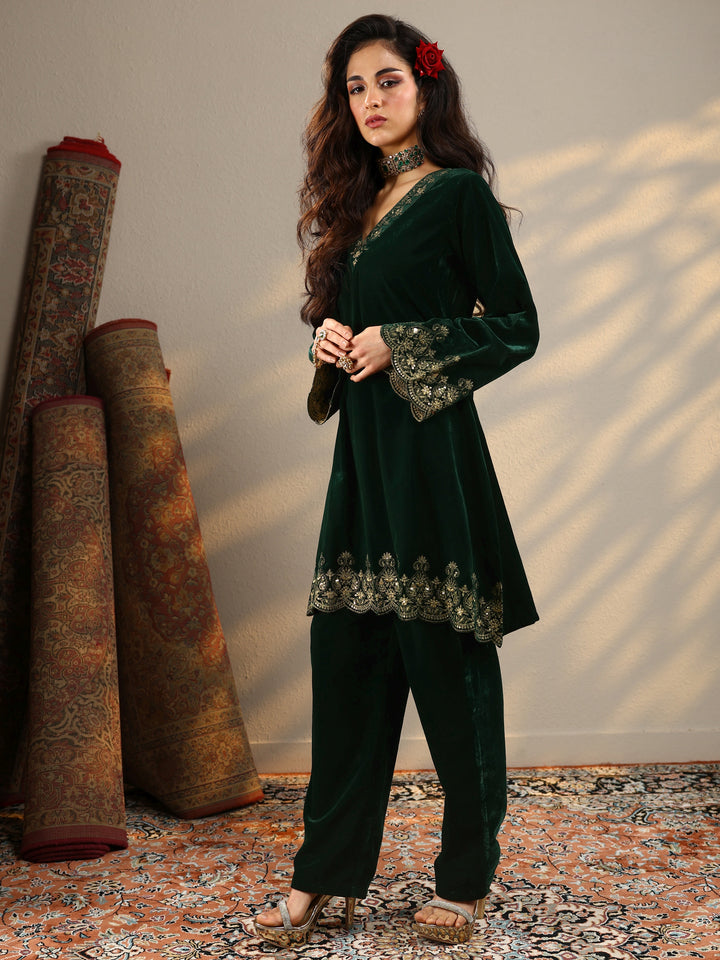 Green Embroidered Velvet Co-Ord Sets