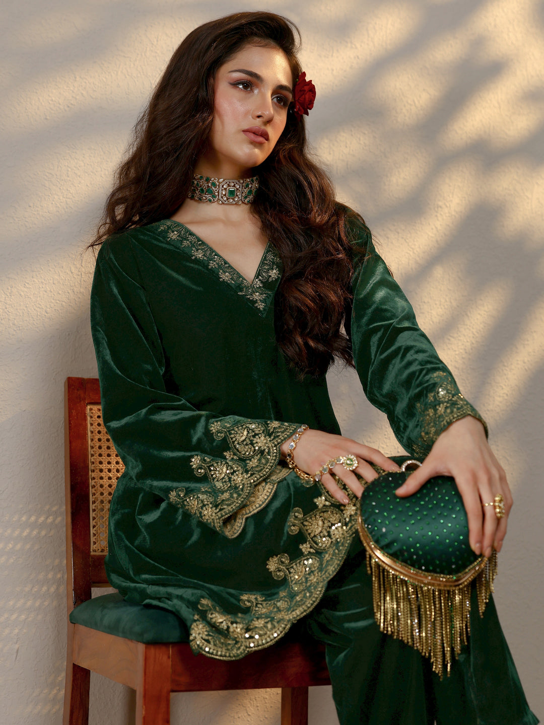 Green Embroidered Velvet Co-Ord Sets