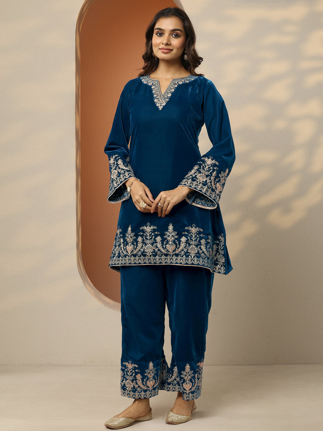 Navy Blue Embroidered Velvet Co-Ord Sets
