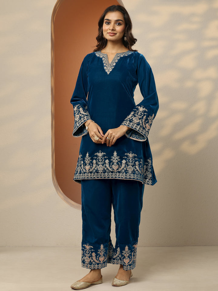 Navy Blue Embroidered Velvet Co-Ord Sets