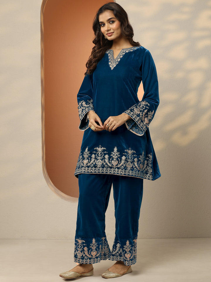 Navy Blue Embroidered Velvet Co-Ord Sets