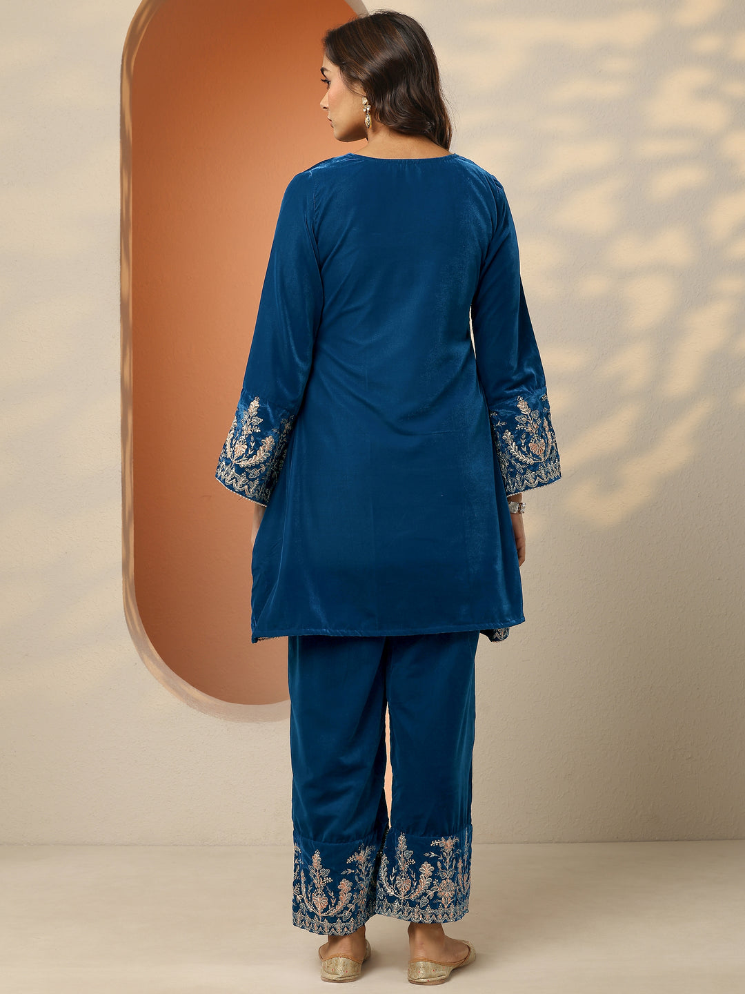 Navy Blue Embroidered Velvet Co-Ord Sets