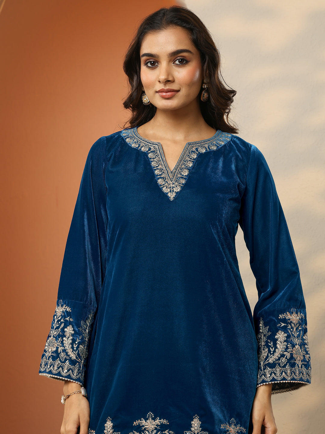 Navy Blue Embroidered Velvet Co-Ord Sets