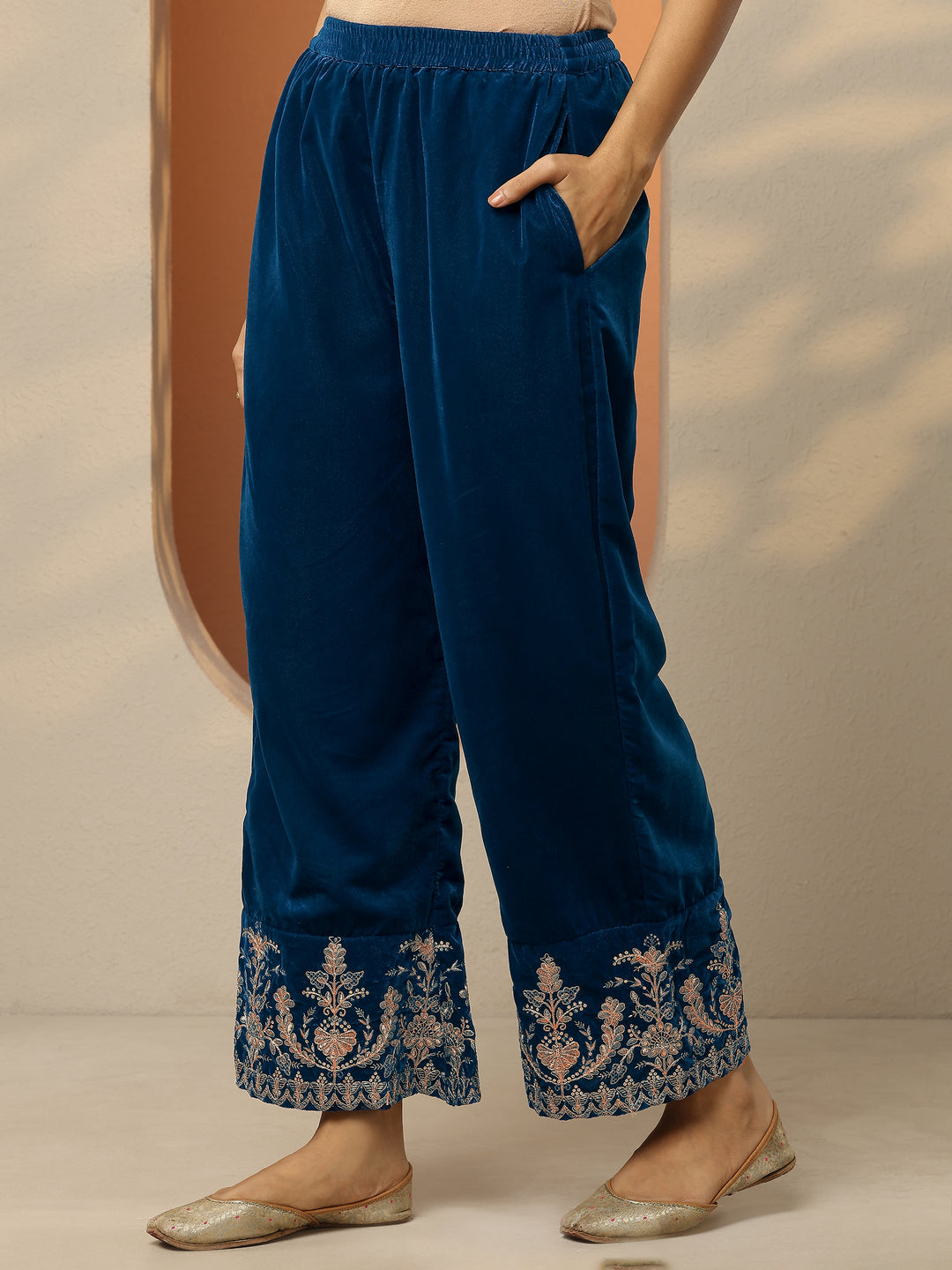 Navy Blue Embroidered Velvet Co-Ord Sets