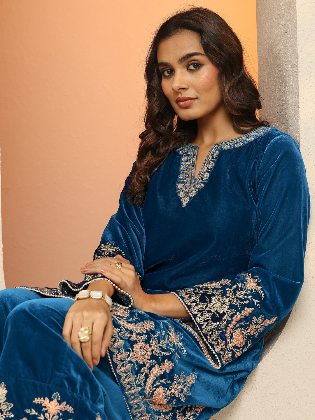 Navy Blue Embroidered Velvet Co-Ord Sets