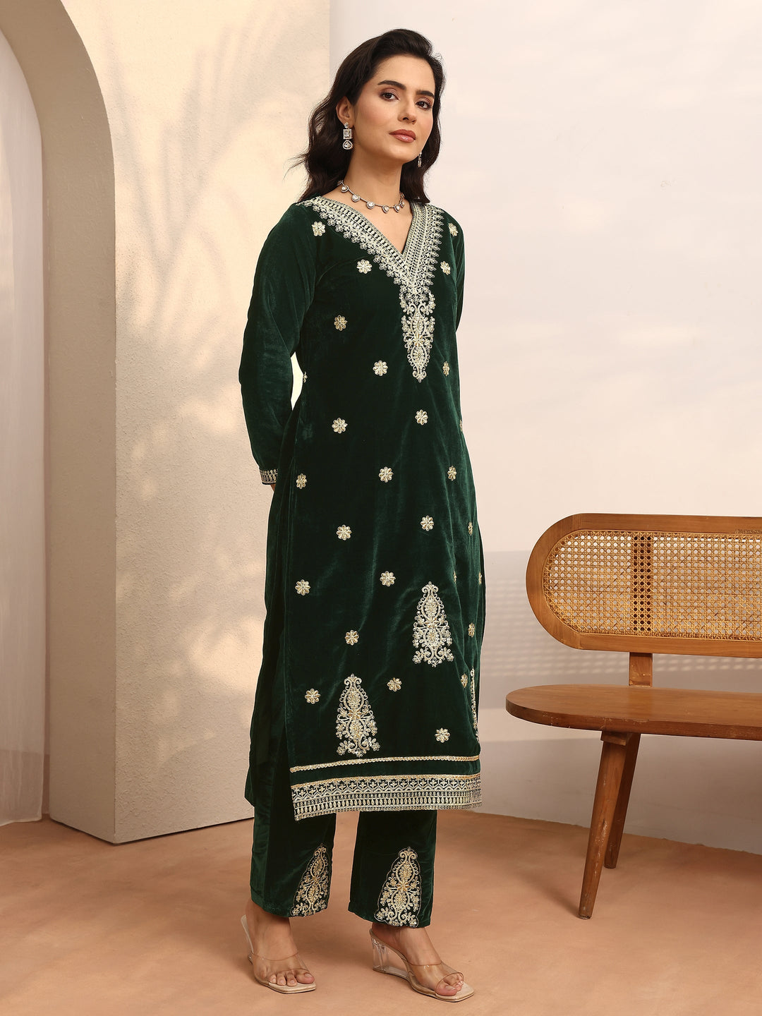 Green Embroidered Velvet Straight Suit Set With Dupatta