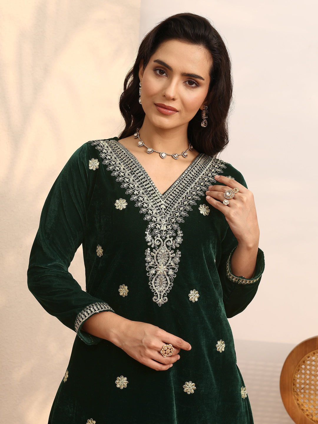 Green Embroidered Velvet Straight Suit Set With Dupatta
