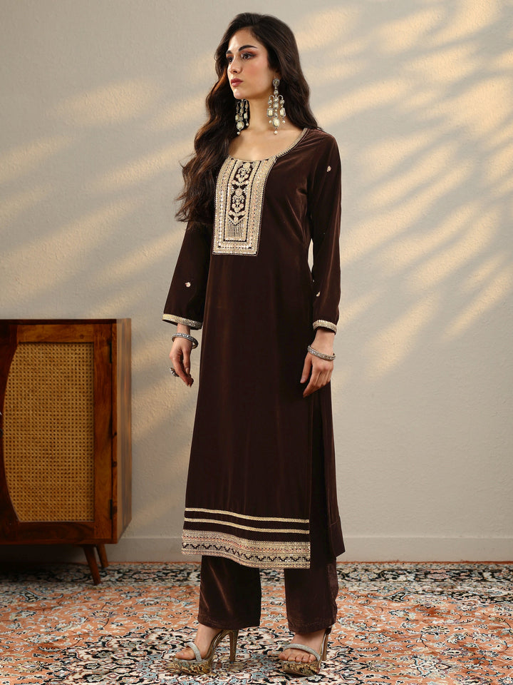Libas Brown Embroidered Velvet A-Line Suit Set With Dupatta