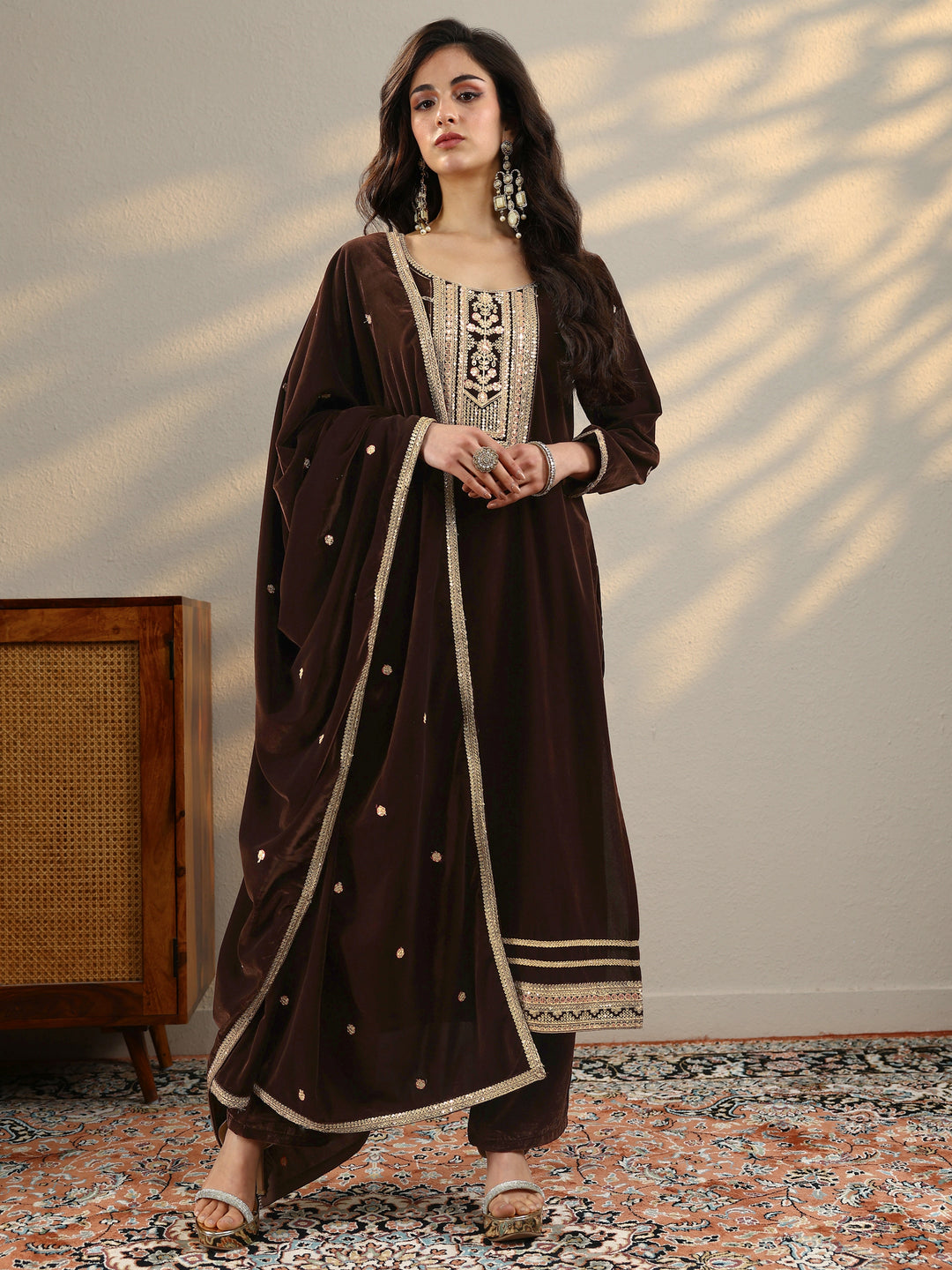 Brown Embroidered Velvet A-Line Suit Set With Dupatta