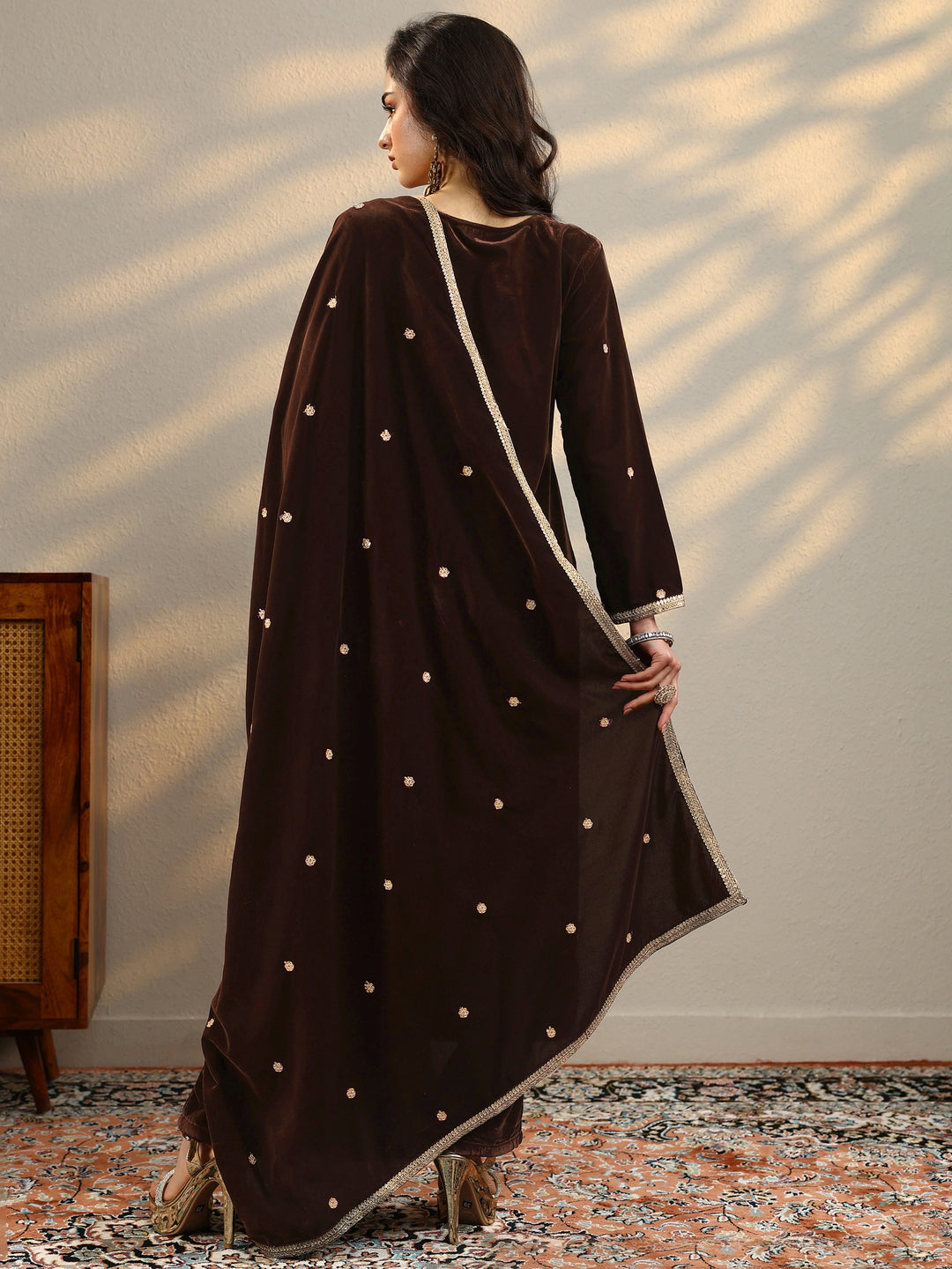 Brown Embroidered Velvet A-Line Suit Set With Dupatta