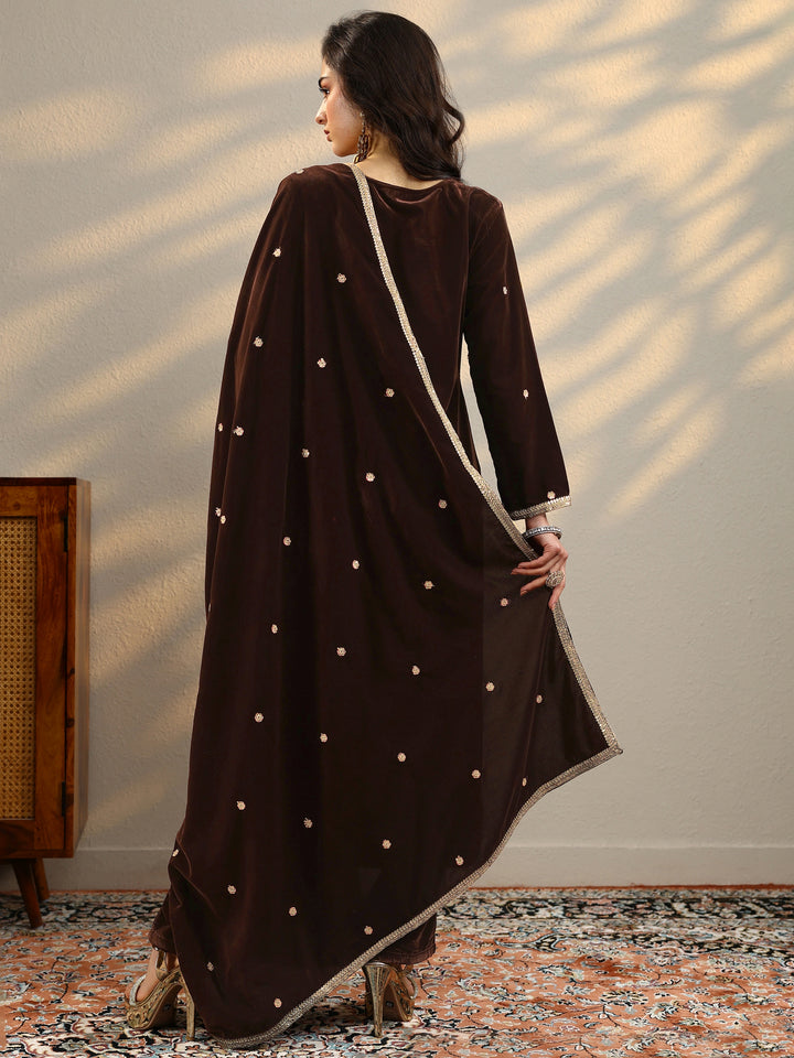 Brown Embroidered Velvet A-Line Suit Set With Dupatta