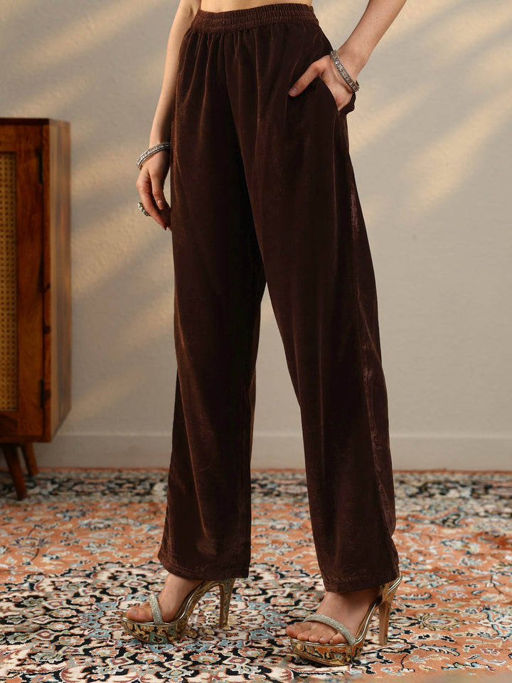 Brown Embroidered Velvet A-Line Suit Set With Dupatta