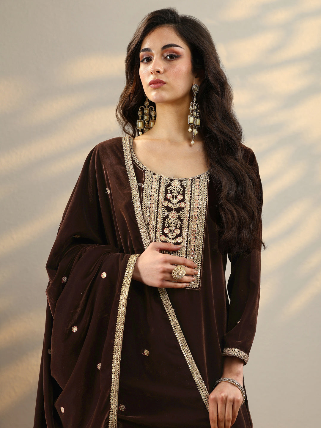 Brown Embroidered Velvet A-Line Suit Set With Dupatta