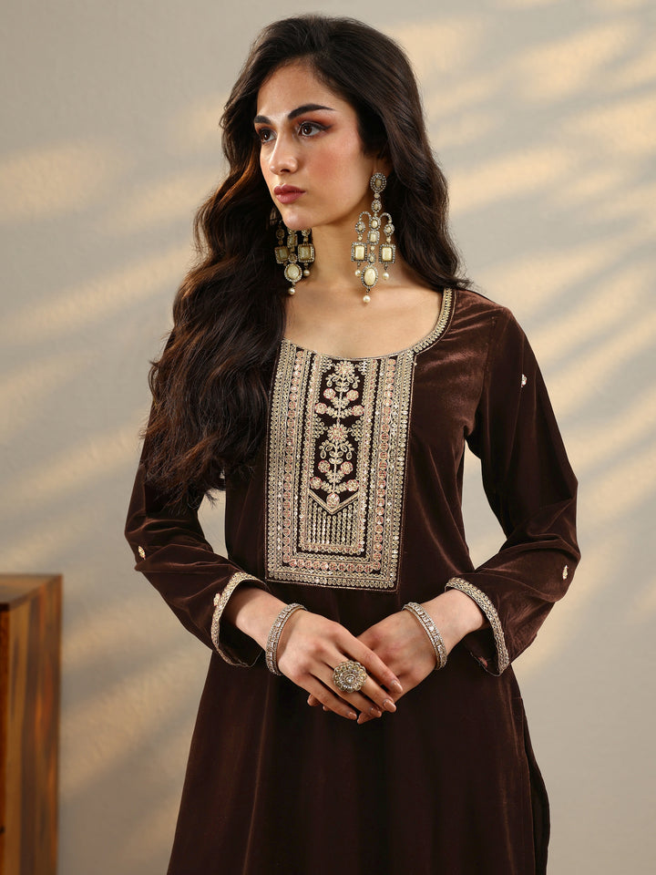 Brown Embroidered Velvet A-Line Suit Set With Dupatta