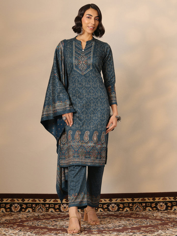 Teal Printed Wool Straight Suit Set With Dupatta