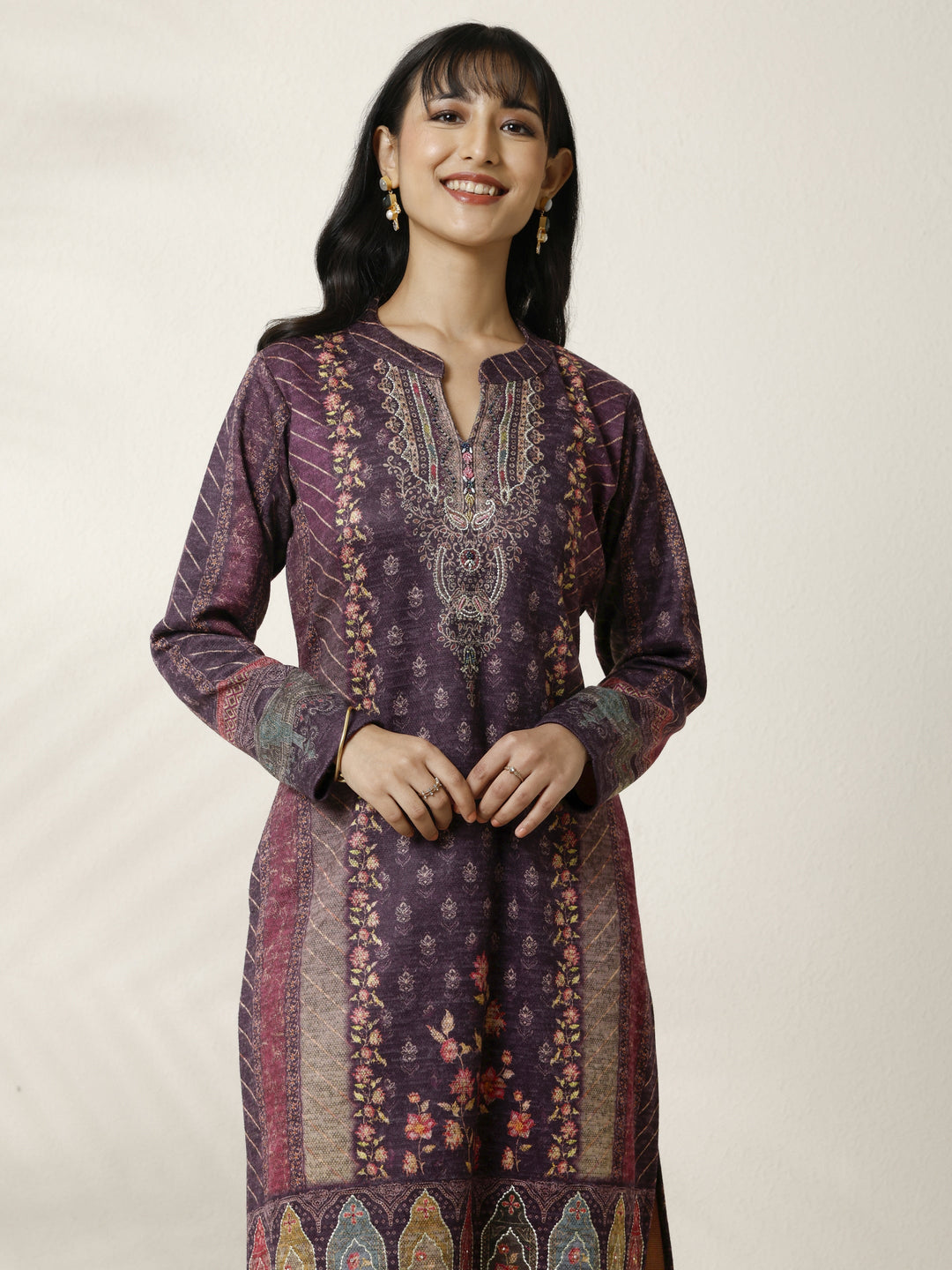 Burgundy Printed Wool Blend Straight Suit Set With Dupatta