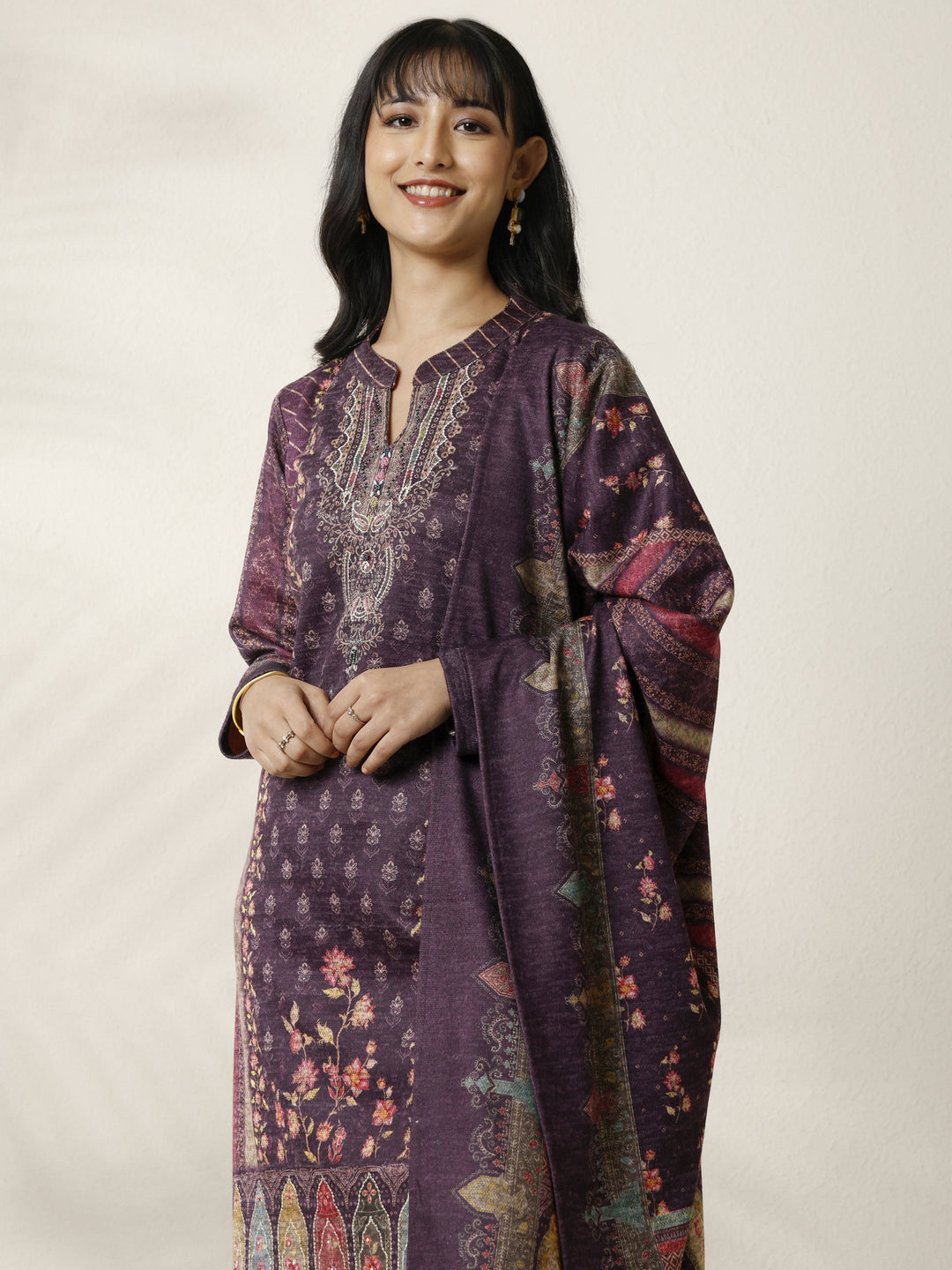 Burgundy Printed Wool Blend Straight Suit Set With Dupatta