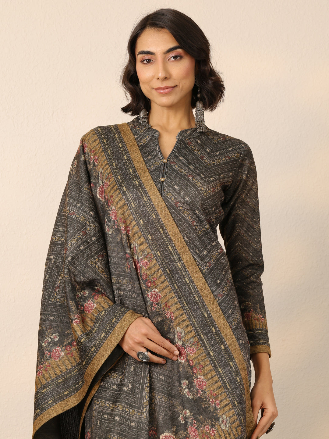Green Printed Wool Straight Suit Set With Dupatta