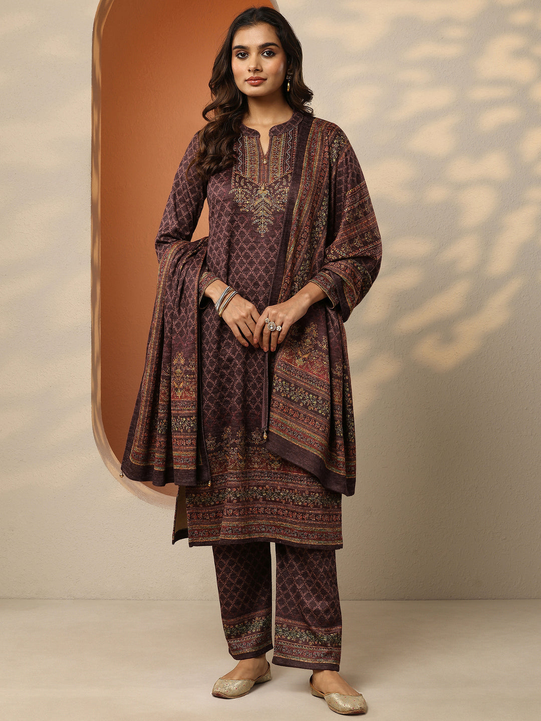 Burgundy Printed Wool Straight Suit Set With Dupatta