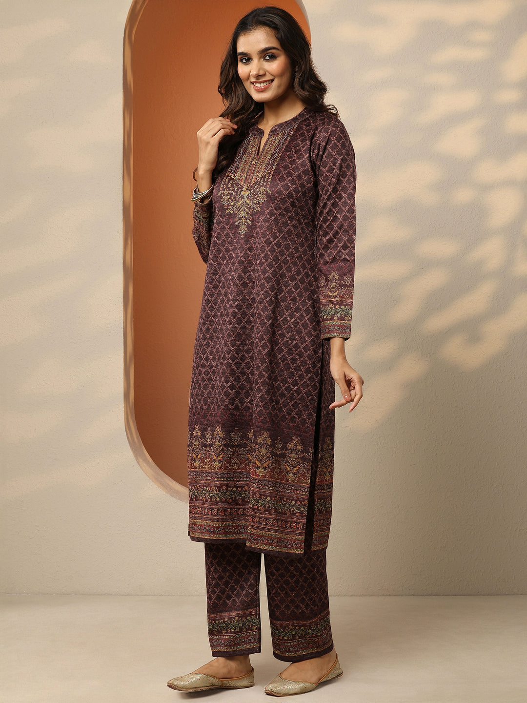 Burgundy Printed Wool Straight Suit Set With Dupatta