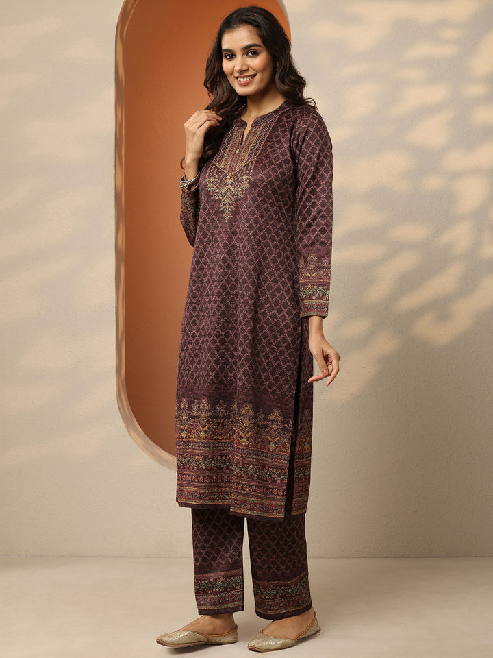 Burgundy Printed Wool Straight Suit Set With Dupatta