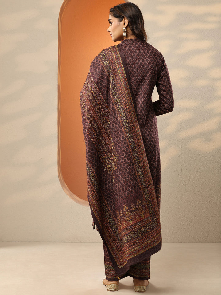 Burgundy Printed Wool Straight Suit Set With Dupatta