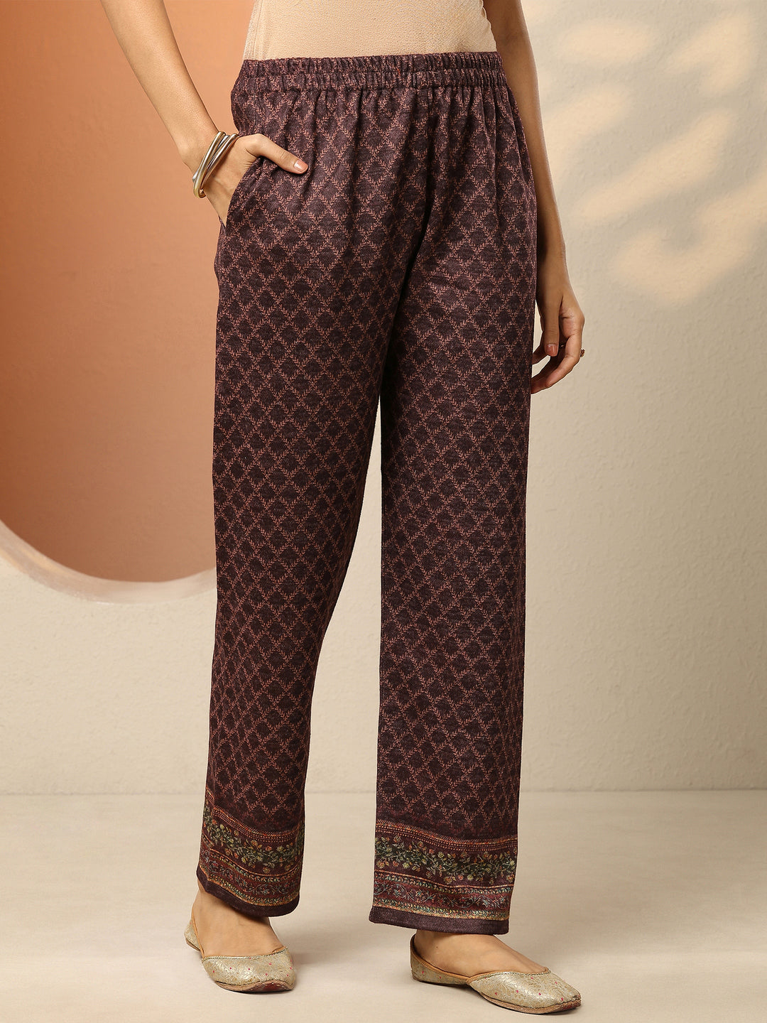 Burgundy Printed Wool Straight Suit Set With Dupatta