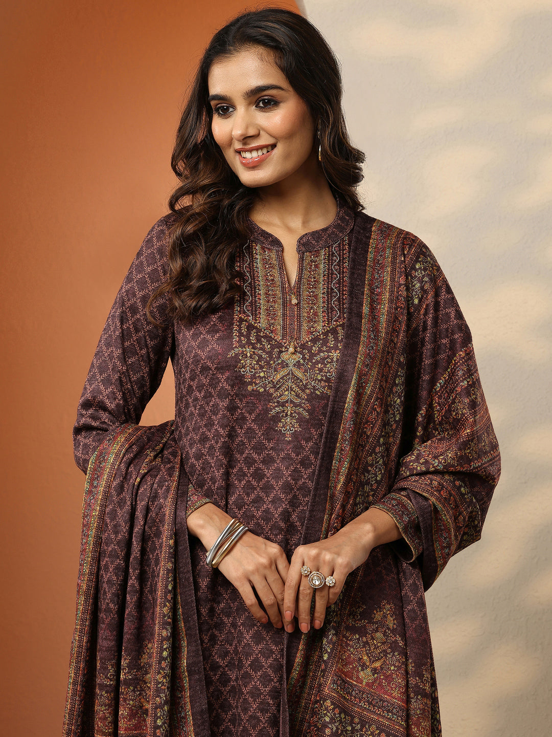 Burgundy Printed Wool Straight Suit Set With Dupatta