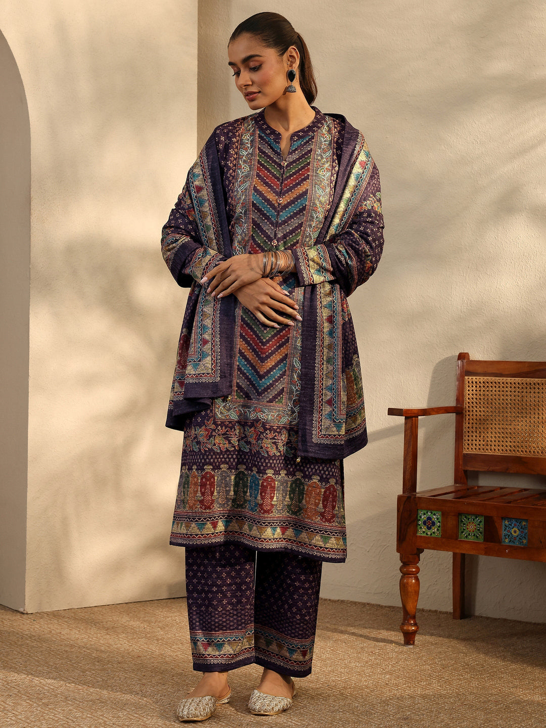 Burgundy Printed Wool Blend Straight Suit Set With Dupatta