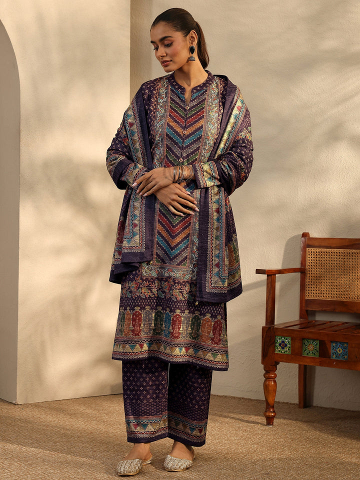 Burgundy Printed Wool Blend Straight Suit Set With Dupatta
