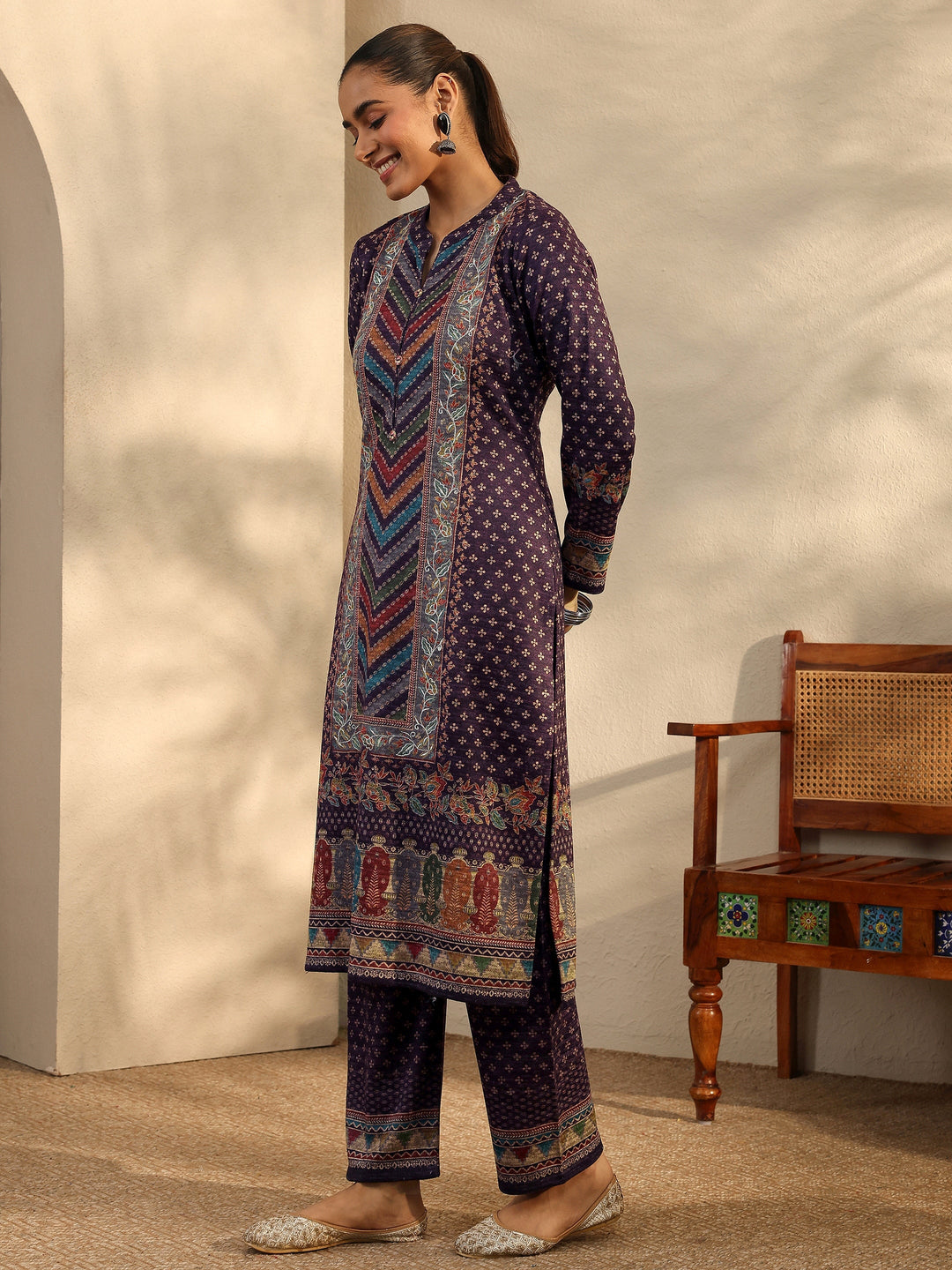 Burgundy Printed Wool Blend Straight Suit Set With Dupatta